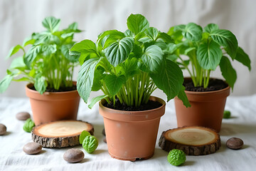 Fototapeta premium Artistic layout of fresh potted herbs including thyme, basil, and rosemary viewed from top perspective