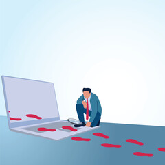 A man observes footprints that enter the laptop screen. A metaphorical illustration for digital footprints, browser history and tracking.