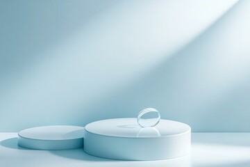 Elegant light blue podium display with a clear glass object.