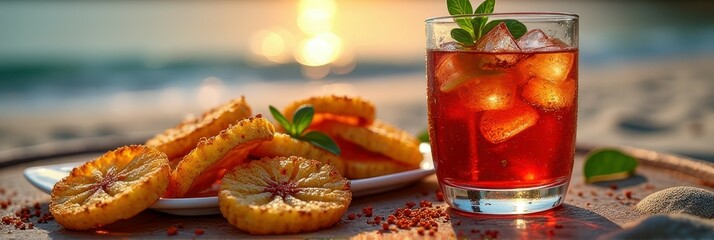 Refreshing citrus beverage with grilled pineapple slices on a sunny beach