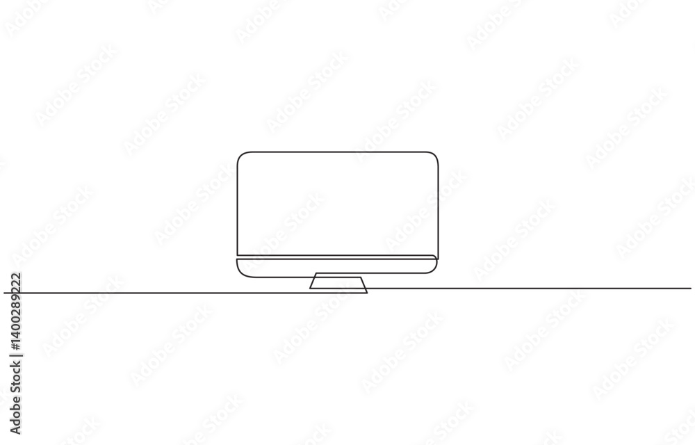 Poster continuous line of computer monitor working desk illustration, one continuous line illustration of a