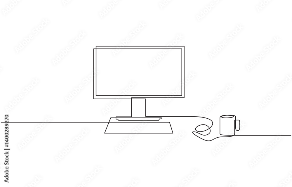 Poster continuous line of computer monitor working desk illustration, one continuous line illustration of a