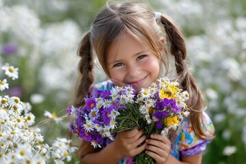 Fototapeta premium A happy little girl is picking flowers in the field, wearing colorful and smiling happily with pigtails on her head.