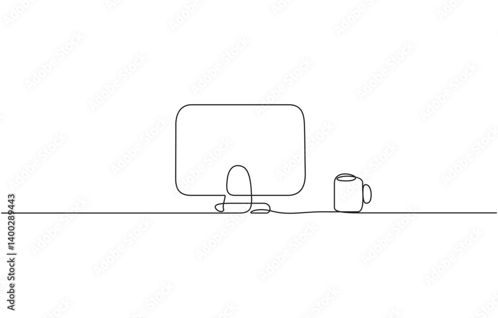 Poster continuous line of computer monitor working desk illustration, one continuous line illustration of a
