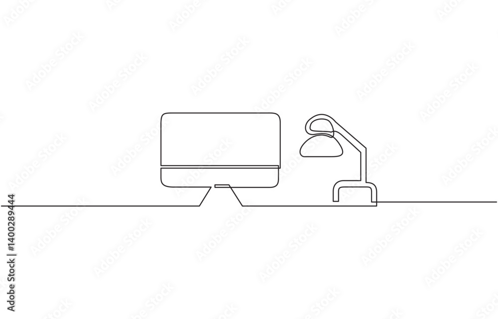Poster continuous line of computer monitor working desk illustration, one continuous line illustration of a