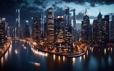 Obraz premium Night cityscape with a river and a boat illuminated by city lights.