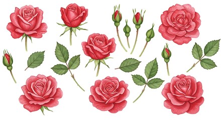 Crimson Rose Collection: Botanical Watercolor Illustration of Blooms and Buds AI Generated