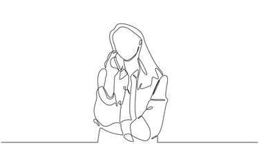 Woman talking on mobile phone in continuous line art drawing style, Girl talking on the phone continuous line art drawing isolated on white background. Vector illustration.
