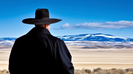 Man in Black Hat Contemplates Snow Capped Mountains Under a Clear Blue Sky