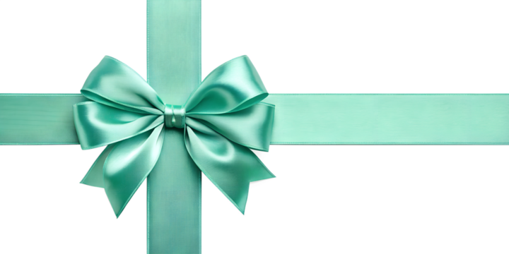Large mint green bow on the left side of a straight ribbon, isolated on a transparent background - ideal for banners or frames for Easter, Christmas, birthdays, gifts, Valentine's Day