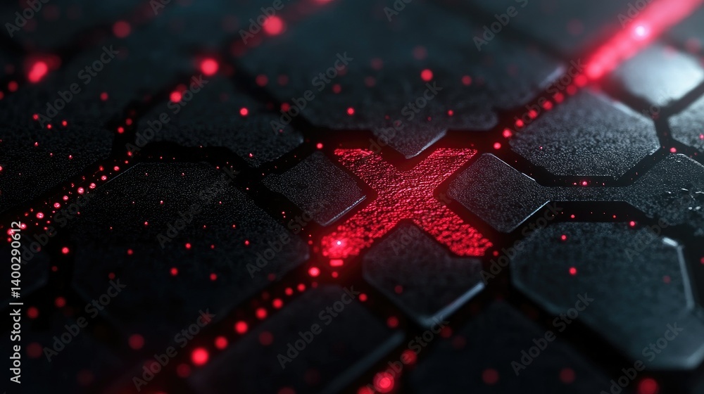 Poster a striking abstract digital composition featuring a luminous red 'x' shape surrounded by intricate d