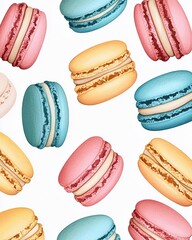 Handpainted watercolor of macarons in soft pink, blue, and yellow tones, elegant bakery aesthetic