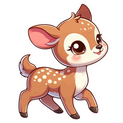 Charming cartoon illustration of a cute, light brown fawn with white spots, big adorable eyes, and a gentle expression, taking a step. Represents adorable animals, forest wildlife, and children's them