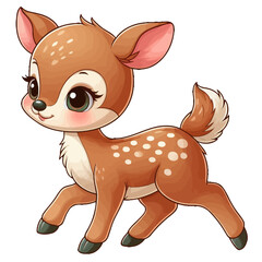 Charming cartoon illustration of a cute, light brown fawn with white spots, big adorable eyes, and a gentle expression, taking a step. Represents adorable animals, forest wildlife, and children's them