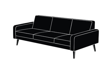 Silhouette illustration of a three-seat couch with a chaise lounge on the left side.eps
