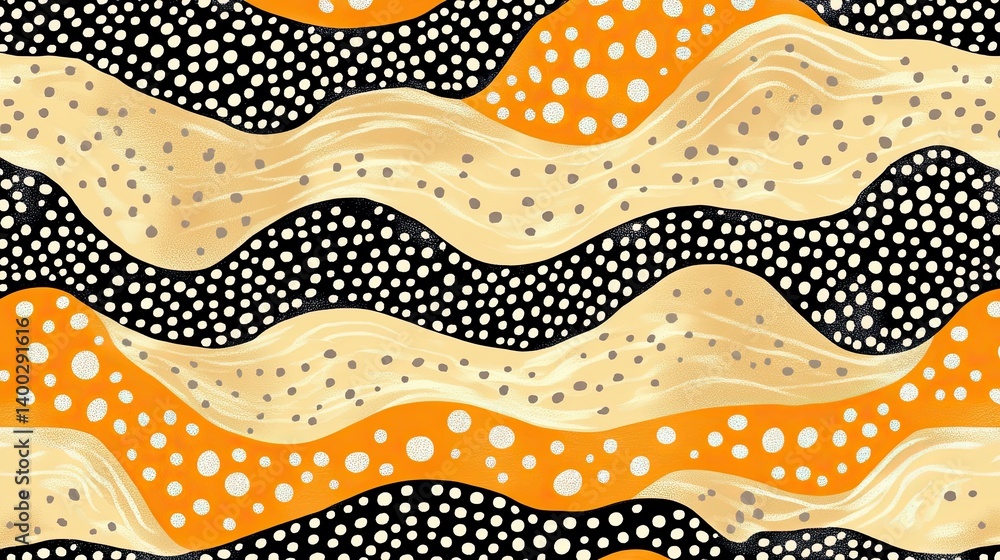 Poster abstract flowing pattern with contrasting dots and wavy textures, stylish backdrop