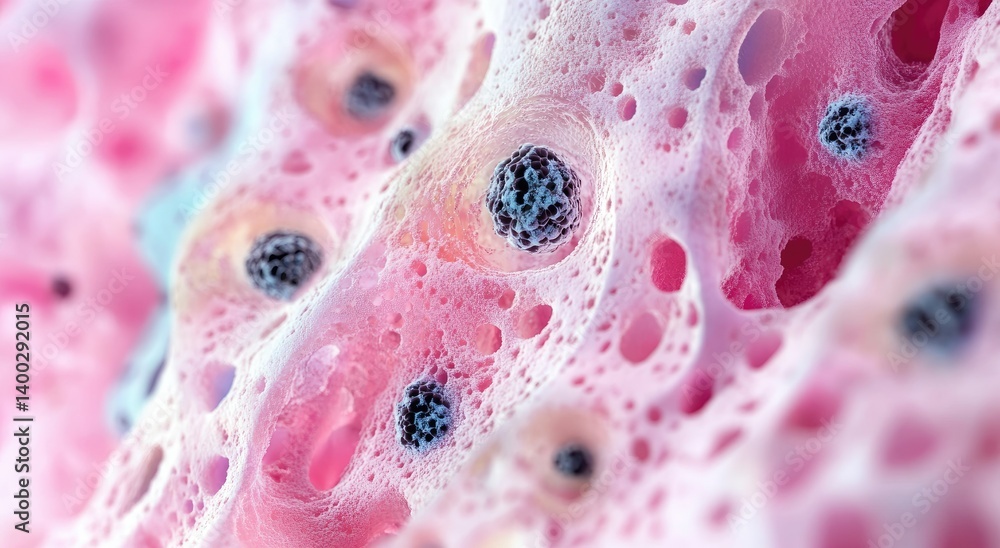 Poster Close-up view of a textured. organic surface showcasing intricate patterns. colors. and structures. resembling biological tissue under a microscope. ideal for scientific or educational use