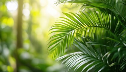 Obraz premium Close-up view of a vibrant palm leaf amidst lush forest greenery.