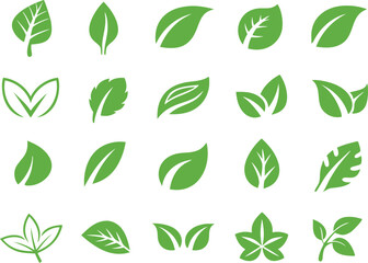 Set of Green Leaf Icons – Minimalistic Nature-Inspired Vector Illustrations.
