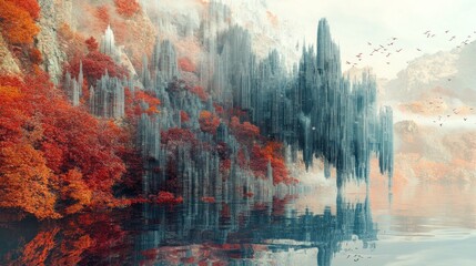 Obraz premium Autumnal Fantasy: A City of Spines Reflected in Still Waters