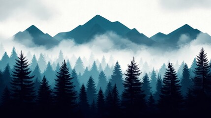 Fototapeta premium Misty Blue Mountain Forest Landscape with Light Snowfall