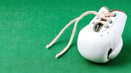 Naklejka premium Miniature White Leather Boxing Glove on Green Glittery Background