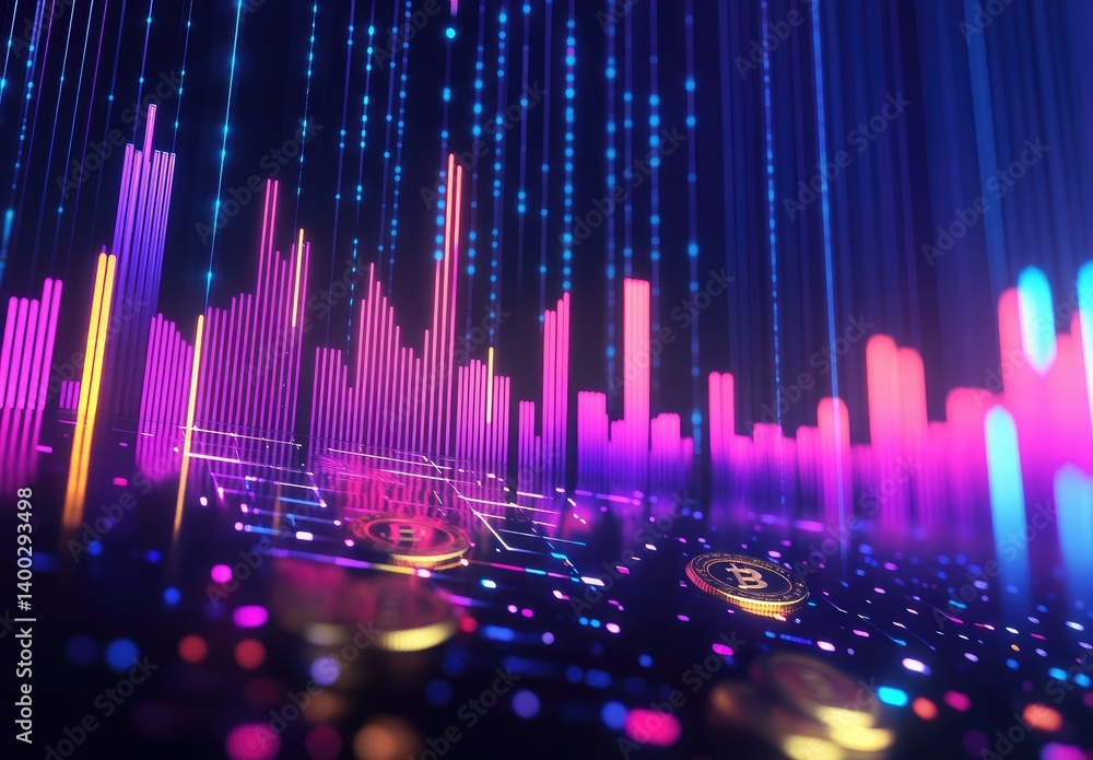Poster a captivating digital scene showcasing a pile of shimmering bitcoin coins against a backdrop of casc