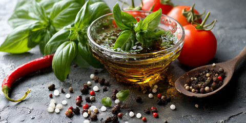 Close-up of olive oil, basil, tomatoes, chili pepper, and peppercorns.  Showcase of fresh ingredients, symbolizing culinary artistry and healthy eating
