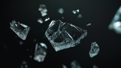 Shattered fragments of glass, scattered in mid-air