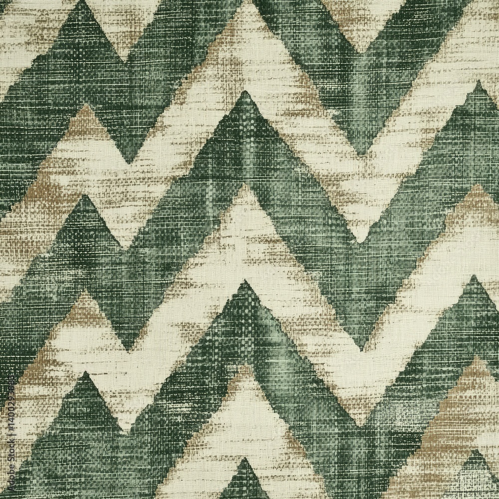 Poster a close-up view of a textured fabric featuring a green and beige zigzag pattern. ideal for interior 