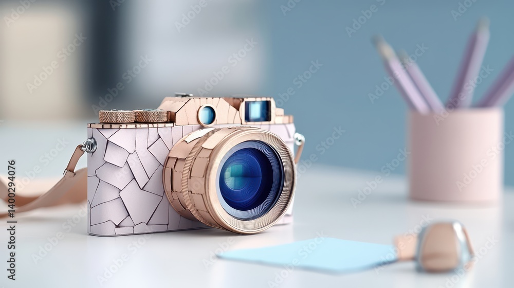 Poster a camera rests on a table next to a pen, showcasing a simple yet creative workspace.