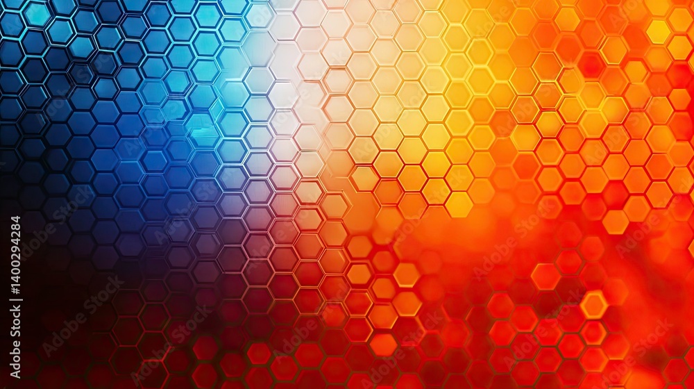 Poster a vibrant abstract background featuring hexagonal shapes and bokeh effects in warm hues. ideal for t