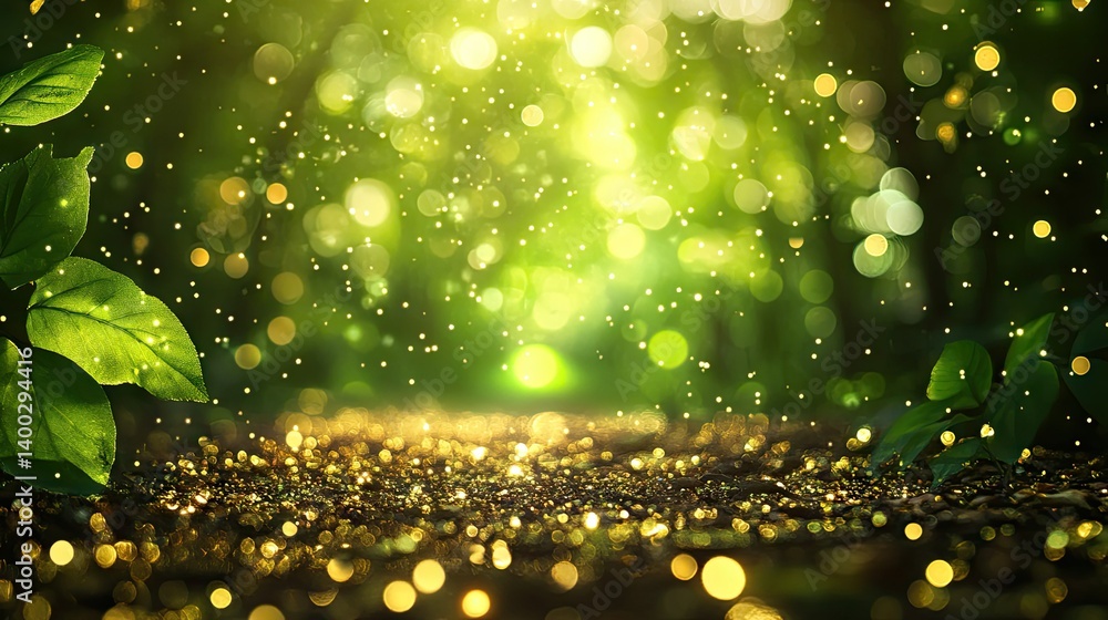 Poster ethereal sunlight streams through a lush forest canopy. illuminating floating particles and creating