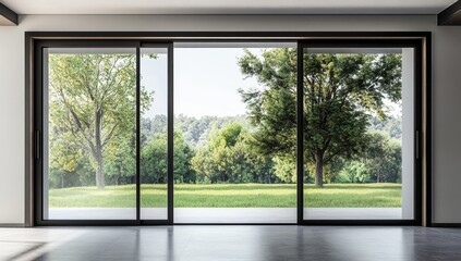 Modern home with expansive glass doors offering panoramic views of a lush garden