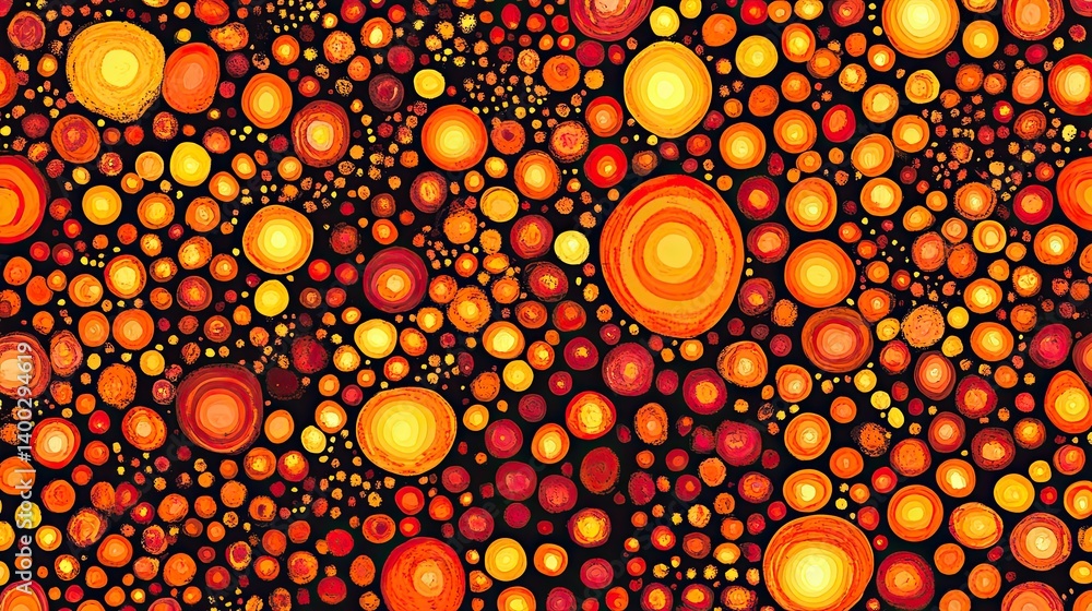Poster abstract background with luminous warm circles on a dark canvas surface