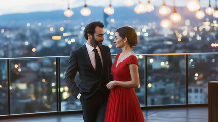 Fototapeta premium Elegant Turkish couple on rooftop at sunset dressed formally in evening elegance, he in a black suit, she in a red dress