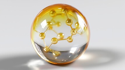 Spherical object showcasing molecular structure in amber hue under bright lighting