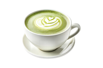 Hot matcha green tea latte with milk foam art in white ceramic cup and saucer isolated on transparent background