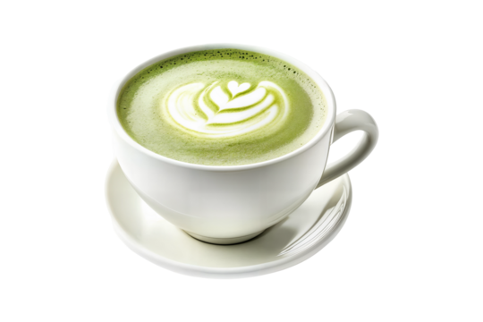 Hot matcha green tea latte with milk foam art in white ceramic cup and saucer isolated on transparent background