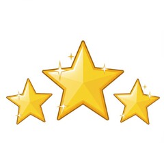 Obraz premium Golden shiny stars with sparkling glints, three yellow star rating icons, glossy metallic star symbols for quality and success on white background