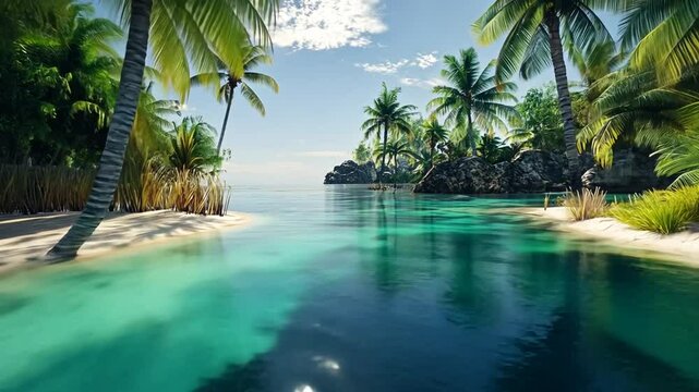 Peaceful tropical paradise beach with azure sea and palm trees swaying in breeze