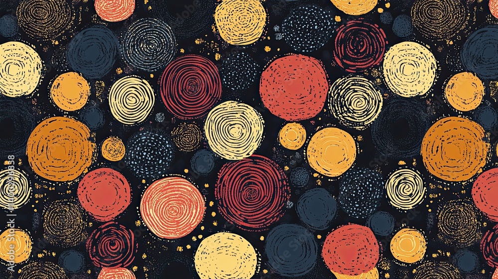 Poster abstract circular pattern featuring various designs and earthy colors on dark backdrop