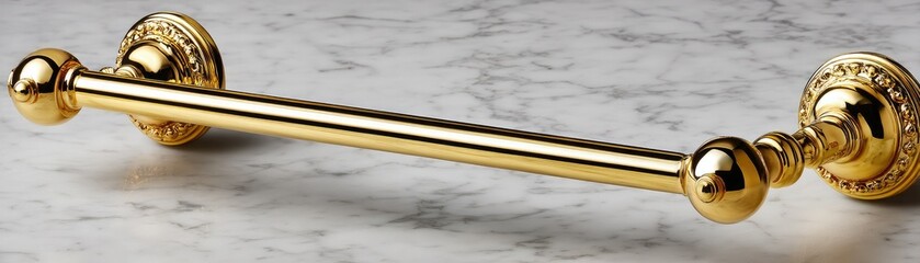 Obraz premium A shiny gold towel bar with ornate end caps sits against a marble surface, showcasing elegant design and luxurious finish.