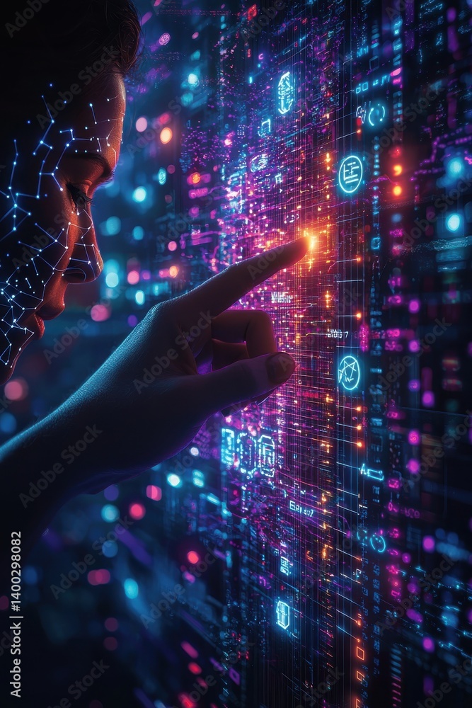 Poster close-up of hand interacting with digital data on a display