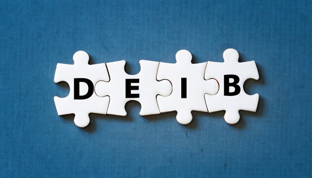 A blue background features interlocking puzzle pieces spelling "DEIB," representing diversity, equity, inclusion, and belonging concepts.
