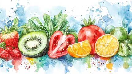 A colorful watercolor illustration of various fruits, including strawberries, kiwis, tomatoes, oranges, and greens, set against a splashed background.