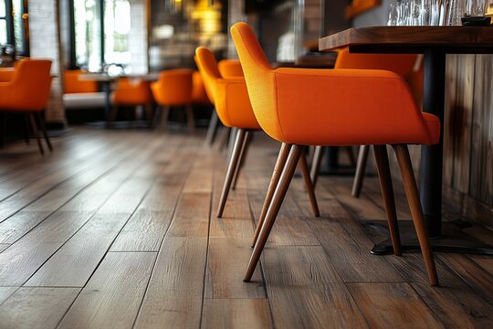 Low angle shot of wooden floor in a modern restaurant. Orange chairs stand near tables. Interior design, cozy setting. Restaurant, cafe, bar, business, relax concept.