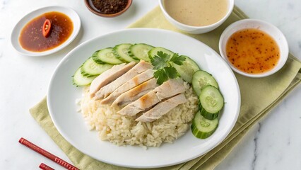 Hainan chicken rice,singapore food,chicken with rice and cucumber