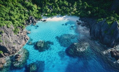 Aerial view of the island, clear blue water and lush greenery
