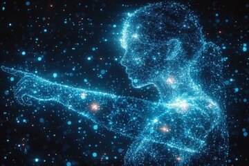 Abstract digital silhouette of a figure composed of glowing blue particles